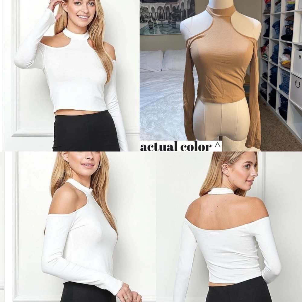 Heart & Hips | Beige Tan Long Sleeve Cold Shoulder High Neck Crop Top
